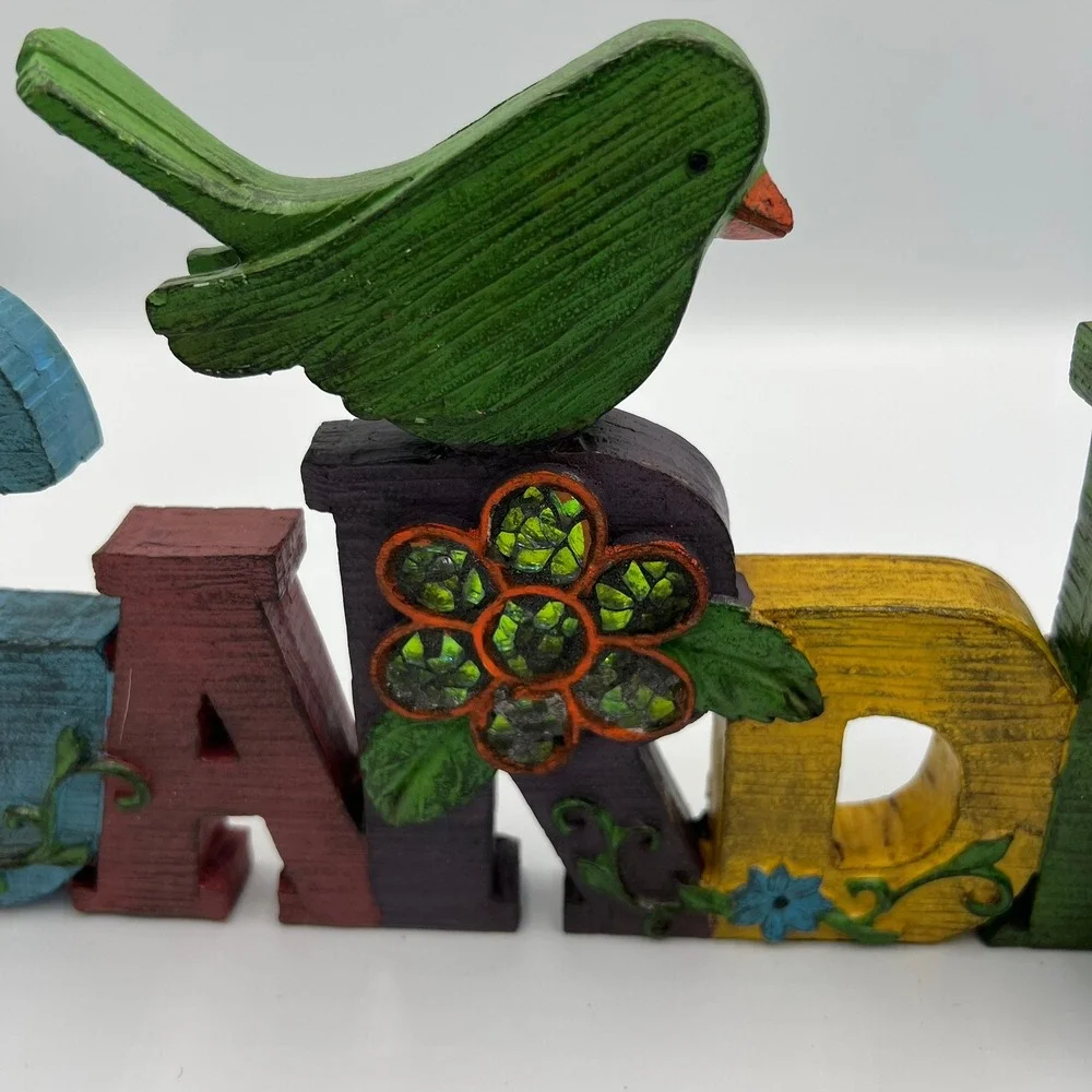 HomeView Design Garden Block Sign Multicolor‎ Bird Floral Rustic Decor NWOT